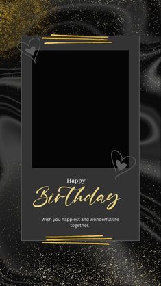 a black and gold happy birthday card with a heart on the corner, in front of a