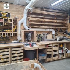 Impressive wood shop. Lots of space and nice neat setup. Always a great idea to incorporate dust collection systems especially like this Clearvue Cyclone kit. Dust Collection Systems, Dust Collection System, Dust Collection, Garage Organization, Wood Shop, Woodworking Shop, Woodworking, Wood