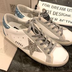 New In Box! Golden Goose Size 37 “Super-Star Classic.” Sparkly Silver Star And Sparkly Blue Heel. Golden Goose Blue Star, Blue Glitter Shoes, Silver Golden Goose, Blue Golden Goose, Golden Goose Silver, Rich Accessories, Dream Sneakers, Givenchy Boots, Preppy Shoes