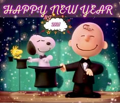 a happy new year card with a cartoon dog and man in tuxedo shaking hands