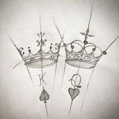 a drawing of two crowns with hearts hanging from the top and one on each side