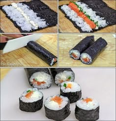 sushi rolls are being made with rice and carrots