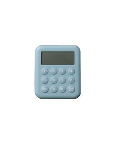 a blue calculator sitting on top of a white surface