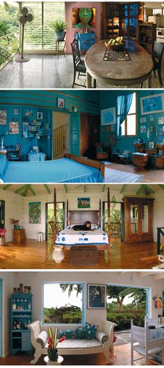 the inside and outside of a house with blue walls, furniture, and pictures on the wall