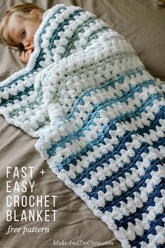 a baby sleeping under a crocheted blanket on top of a bed with the words easy and easy crochet blanket