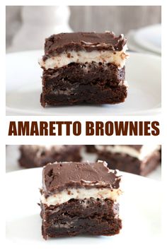 three different pictures of brownies with white frosting and chocolate in between the two