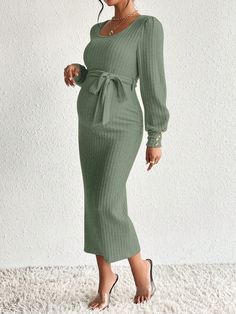 Maternity Solid Color Round Neck Waist Tie Ribbed Knit Long Sleeve Dress Green Elegant  Long Sleeve Knitted Fabric Plain Bodycon Medium Stretch Spring/Fall Maternity Clothing, size features are:Bust: ,Length: ,Sleeve Length: Winter Baby Shower Dress, Maternity Clothes Winter, Pregnancy Outfits Fall, Maternity Outfits Winter, Baby Shower Dress Winter, Maternity Dresses Winter, Winter Baby Shower Outfit, Random Baby, Winter Pregnancy