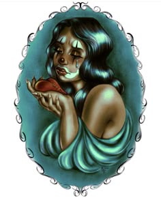 a drawing of a woman with blue hair holding a piece of fruit in her hand