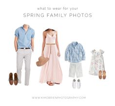 three people wearing clothes and shoes with the words what to wear for your spring family photos