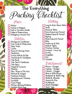 the everything packing checklist is shown with pink flowers