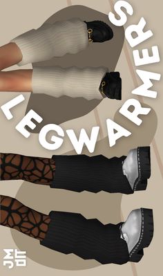 three pairs of leg warmers are shown with the words fegwar on them