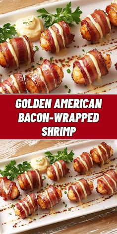 I can't get enough of these Golden American Bacon-Wrapped Shrimp! They're the perfect appetizer for any gathering, with crispy bacon enveloping succulent shrimp, all paired with a creamy dip. These little bites of heaven are sure to impress your guests and leave them wanting more. Make sure to save this recipe for your next get-together! Savory Bacon, Homemade Banana Pudding Recipe, Wrapped Shrimp, Grilled Halibut, Bacon Wrapped Shrimp, Shrimp Appetizers, Juicy Shrimp, Tuna Salad Recipe, Best Bacon