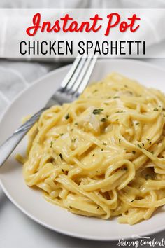 instant pot chicken spaghetti recipe on a white plate with fork and napkin in the background