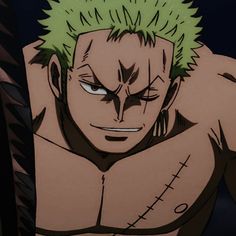 an anime character with green hair and no shirt