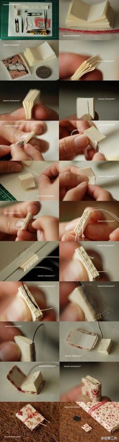 the process of making an origami book is shown in several different positions and sizes