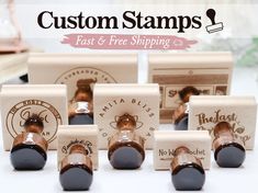 six wooden stampers with brown ink on them and the words, custom stamps fast & free shipping