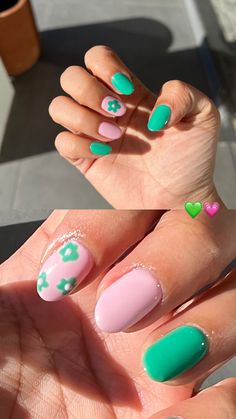 Nails Green Pink Spring 2022 Pastel Green Gel Nails Short, Pastel Green Nails Design Short, Pink And Green Short Nails, Pastel Blue And Green Nails, Green And Pink Nails Aesthetic, Soft Gel Nails, Nail Stencils, Happy Nails