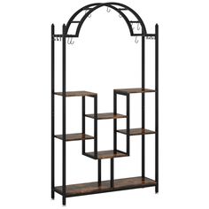 an iron and wood shelf unit with four shelves on each side, one section open to the