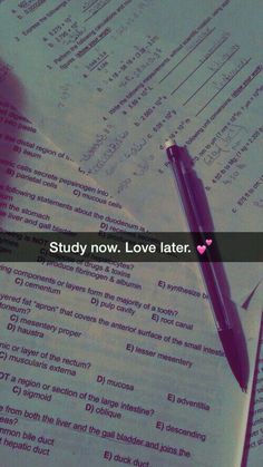 a pen sitting on top of a paper with the words study now, love later