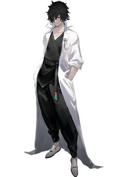 an anime character with black hair wearing a white shirt and black pants, while standing in front of a white background