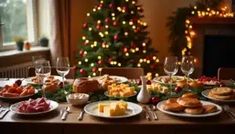 a table set for christmas dinner with food and wine