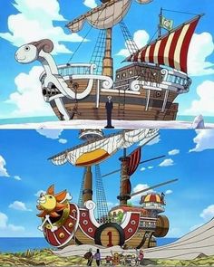 two pictures of people standing in front of a pirate ship