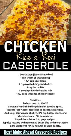 the recipe for chicken rice and iron casserole is shown in an advertisement above it