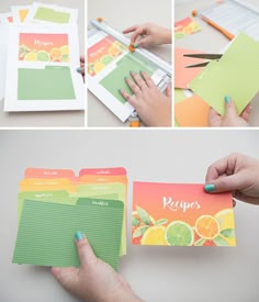 there are pictures of the inside of a recipe book with notes attached to it and someone cutting them into small pieces