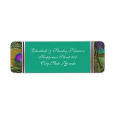 purple and green peacock wedding return label