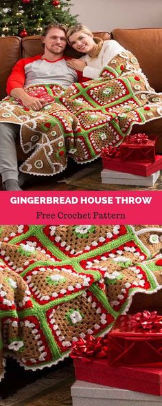 a man and woman sitting on a couch under a christmas tree covered in gingerbread house throw