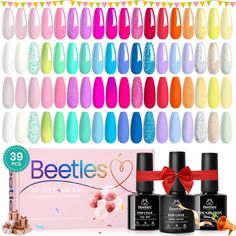 PRICES MAY VARY. 【What You Get】: 36 x Gel Polish Colors + 3 x No Wipe Base and Glossy & Matte Top Coat. 36 Gel Nail Polish beautiful shades of popular and trendy colors suitable for all seasons and daily routine life! （Color Number：C175-C210. Color Changing：C207,C209. Glowing in the dark：C207, C210, C199) 【IDEAL GIFT FOR HER】: With Exquisite Gift Box Packaging, Beetles 36 colors gel polish kit is a brilliant gift for girls women on holidays. This is a fantastic, beautiful, unique beauty gift gif Bright Nail Art, Gel Colors, Glitter Gel Polish, Pink Gel, Glitter Gel Nails, Gel Nail Kit, Nail Polish Kits, Gel Art, Gel Nail Polish Set