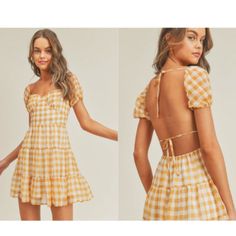 New~ Boutique Backless Elastic Around Waist True To Size Elastic On Sleeves Yellow Gingham Dress, Gracie Concert, Yellow Plaid Dress, Yellow Gingham, Revolve Dresses, Western Outfit, Sewing Fashion, Open Back Dress, Backless Mini Dress