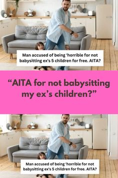 a man is standing in front of a babysith and another person is sitting on the couch