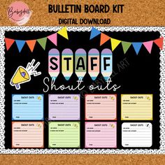 bulletin board with the words staff out on it and bunting flags in the background