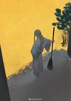 a painting of a woman sweeping the sidewalk with a broom in front of a yellow wall