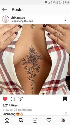 a woman's chest with tattoos on it, and the caption below reads