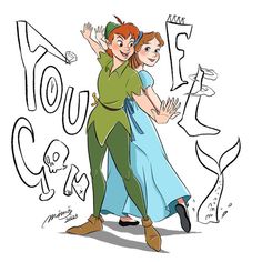 tinkerbell and peter panton dancing together in front of the words, you're