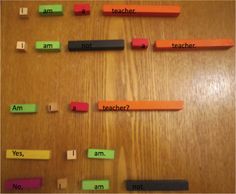 the word teacher spelled out with colored erases on a wooden table next to other words