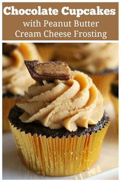 chocolate cupcakes with peanut butter cream cheese frosting are on a white plate