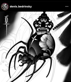 a black and white image of a spider with a crown on it's head