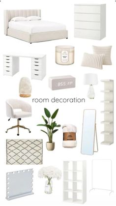 a white bedroom with lots of furniture and accessories