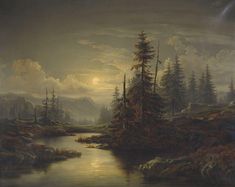 a painting of a river with trees and mountains in the background