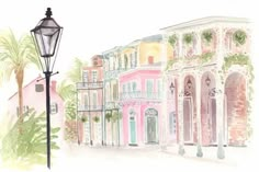 a watercolor painting of a street light and buildings with palm trees in the background