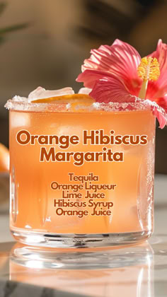 Orange Hibiscus Margarita Orange Mixed Drinks, Hibiscus Margarita, Classic Tequila Cocktails, Orange Juice Cocktails, Orange Hibiscus, Mixed Drinks Alcohol, Liquor Drinks