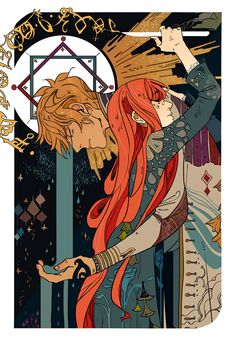 an illustration of two people with long red hair, one holding the other's head