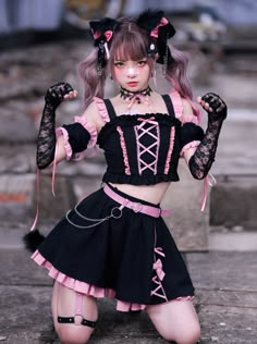 Pink Setup, Theatrical Costumes, Mode Harajuku, Cat Ear Headband, Belt Chain, Cosplay Kawaii, Kawaii Cosplay, Stage Outfit, Top Skirt Set