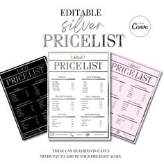 three pricing sheets with the price list for each item in front and bottom, on top of