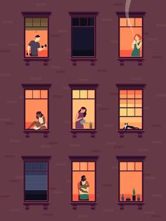 people are looking out the windows at sunset or sunrise in their apartment building stock photo ©