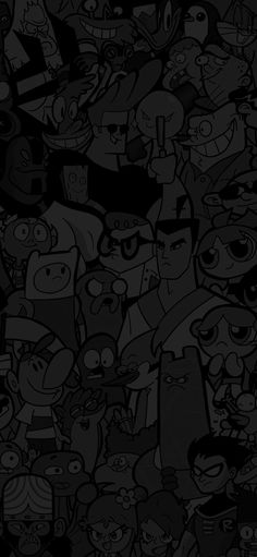 many cartoon characters are grouped together in this black and white photo with the same background