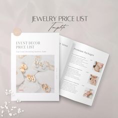 the jewelry price list book is open to show it's contents and features gold earrings